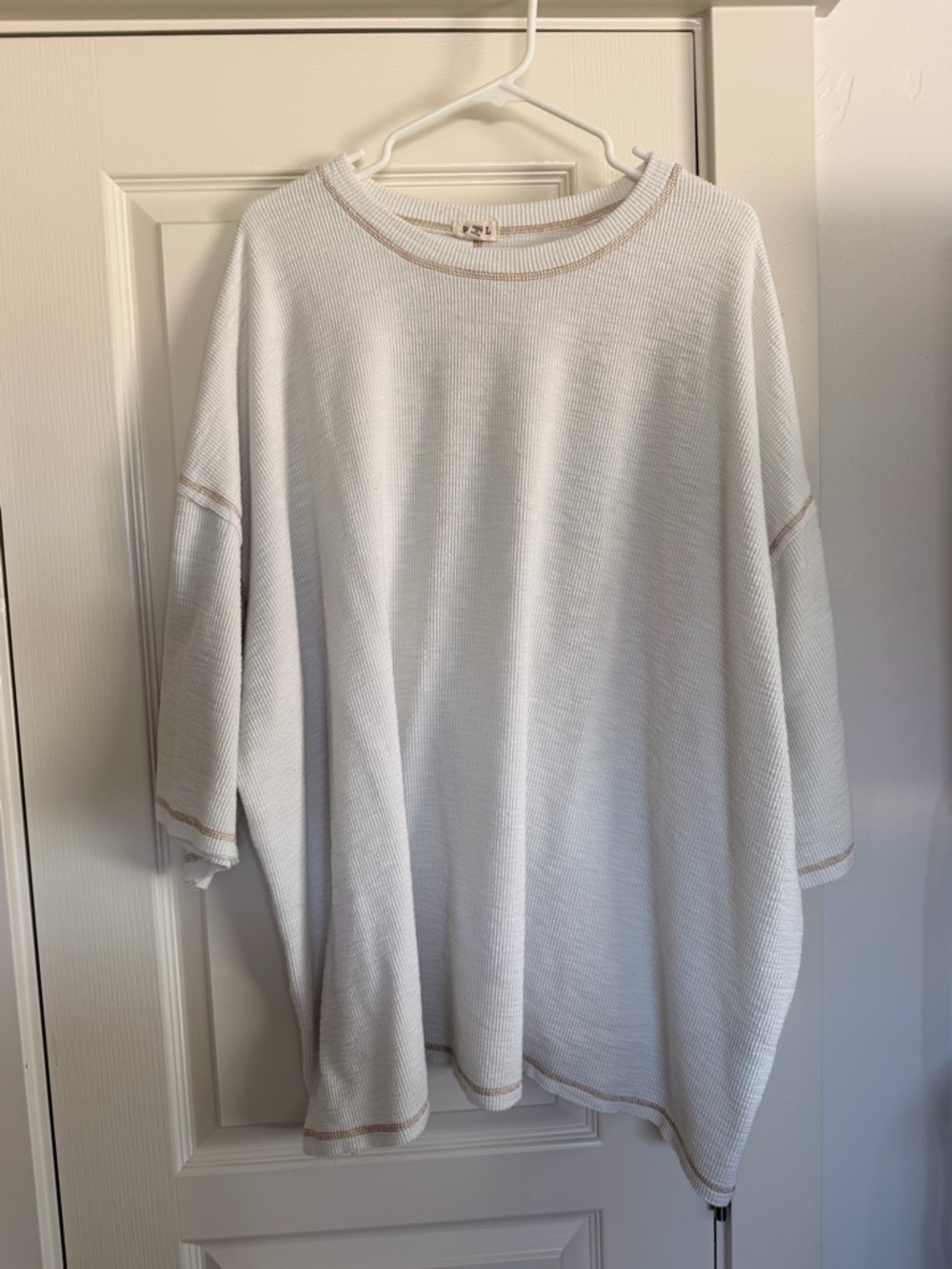 Three Bird Nest White Oversized Waffle Knit Top with Tan Trim